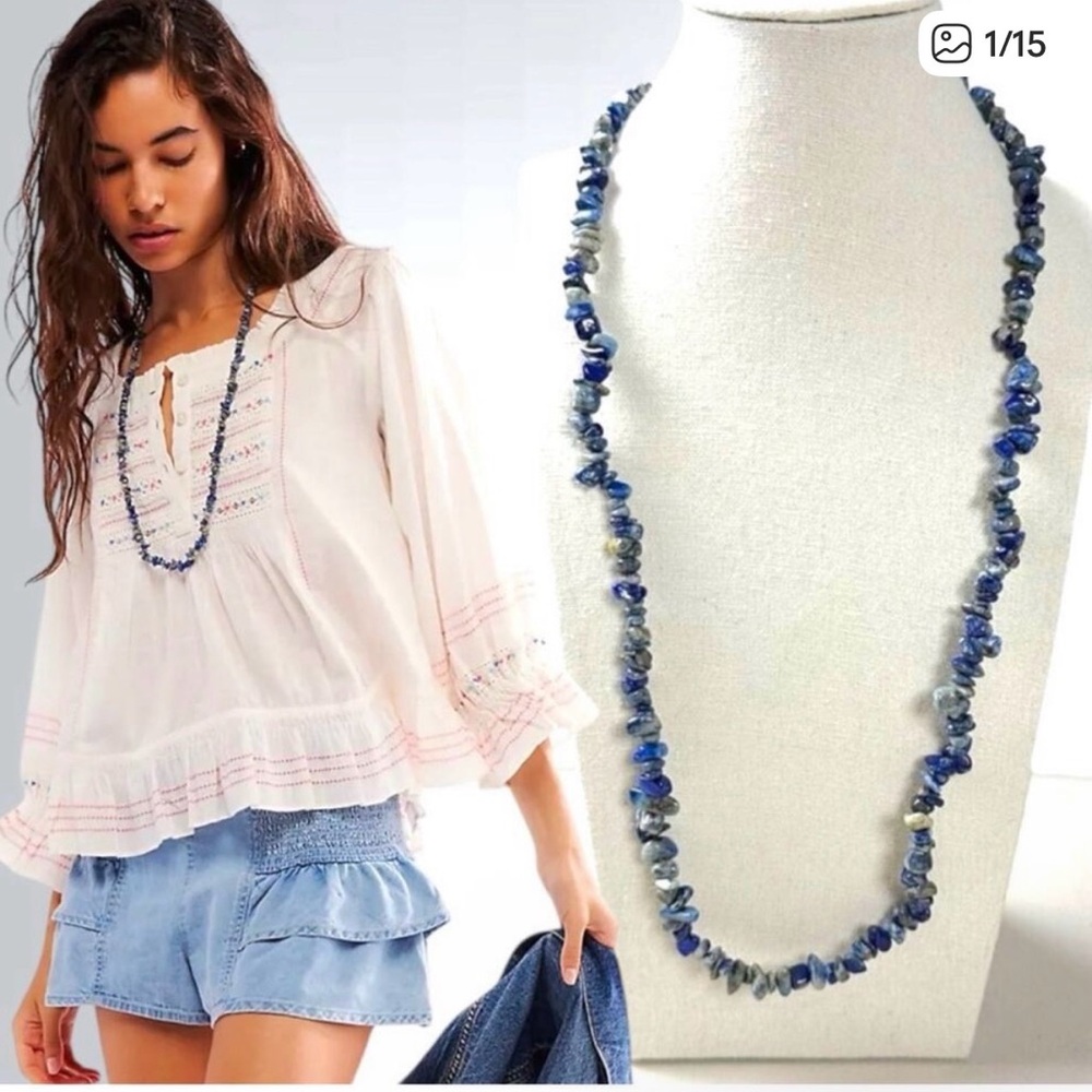 Free People Bohemian Single Strand Crystal Chip Beaded Necklace Lapis Blue NWT
